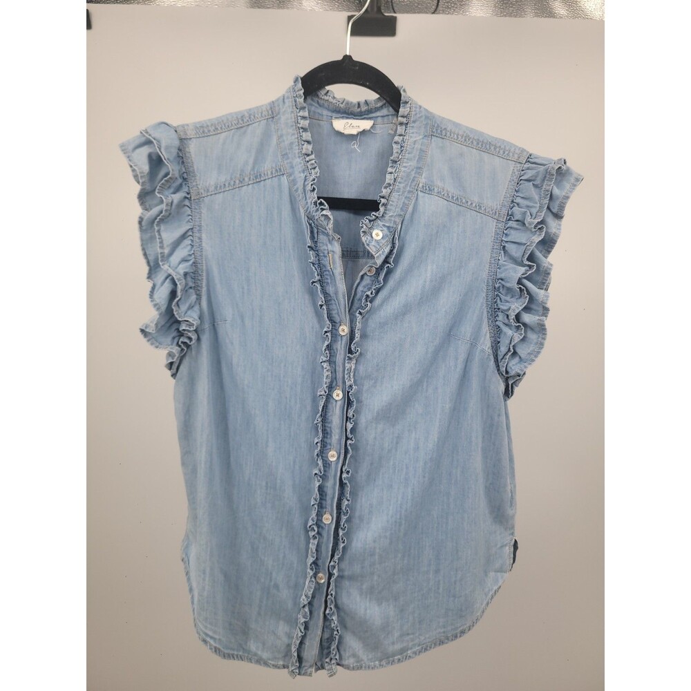 Elan Chambray Ruffled Shirt Sz L Beachy Vacation Boho Breathable Western